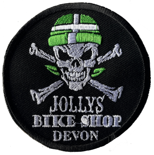 'JOLLY BIKE SHOP' GREEN DEVON SKULL AND CROSSBONES ROUND SEW ON PATCH - BSM-PAT003