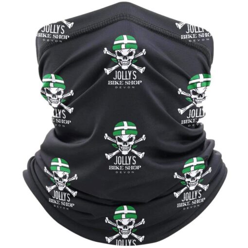 'JOLLY BIKE SHOP' BLACK SNOOD - multi small logos (green hat skulls) BSM-SN008