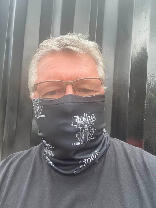 'JOLLY PIRATE BIKER' BLACK SNOOD - small multi white logos - BSM-SN010